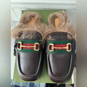 Gucci Brown Leather Fur Mules